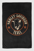 Zwart fleecedekentje met Harley-Davidson Texel badge design in oranje en beige