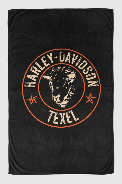 Zwart fleecedekentje met Harley-Davidson Texel badge design in oranje en beige