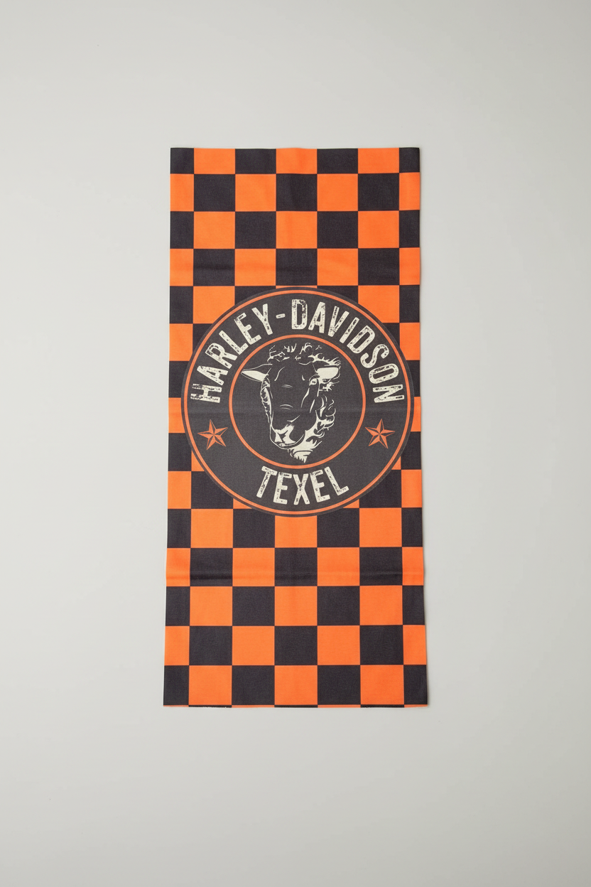 Oranje en zwart geblokt colletje met Harley-Davidson Texel badge design