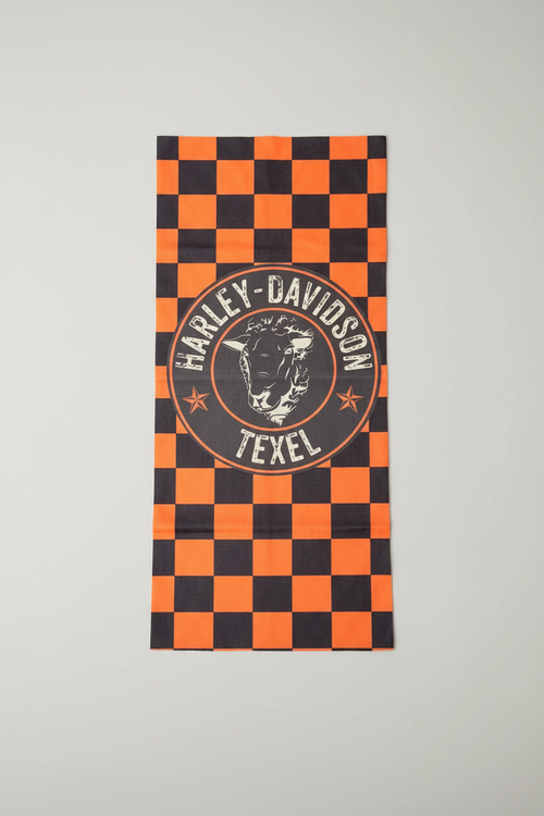 Oranje en zwart geblokt colletje met Harley-Davidson Texel badge design